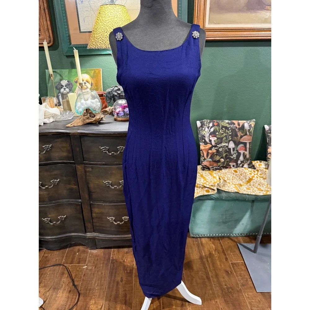 Scott‎ McClintock Petite Vintage Blue Gown Rhinestone Shoulder Detail Dress 8P